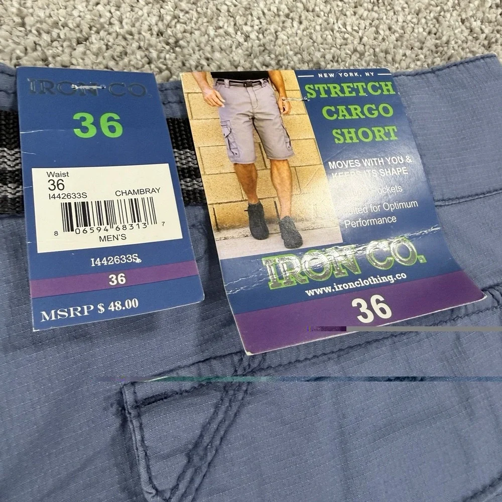 Iron Clothing Men's Belted Stretch Micro Ripstop Cargo‎ Short Size 36 Blue NEW